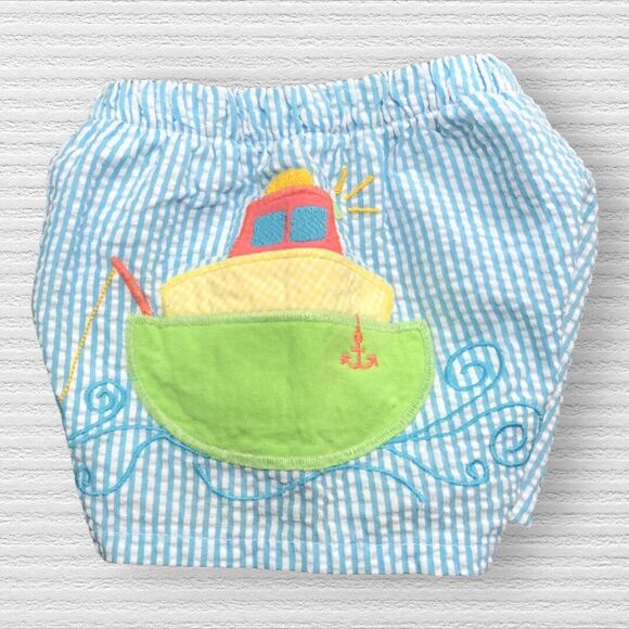 Bailey Boys Baby Swim Trunks 3M Blue Seersucker Boat Applique Lined - Picture 2 of 4